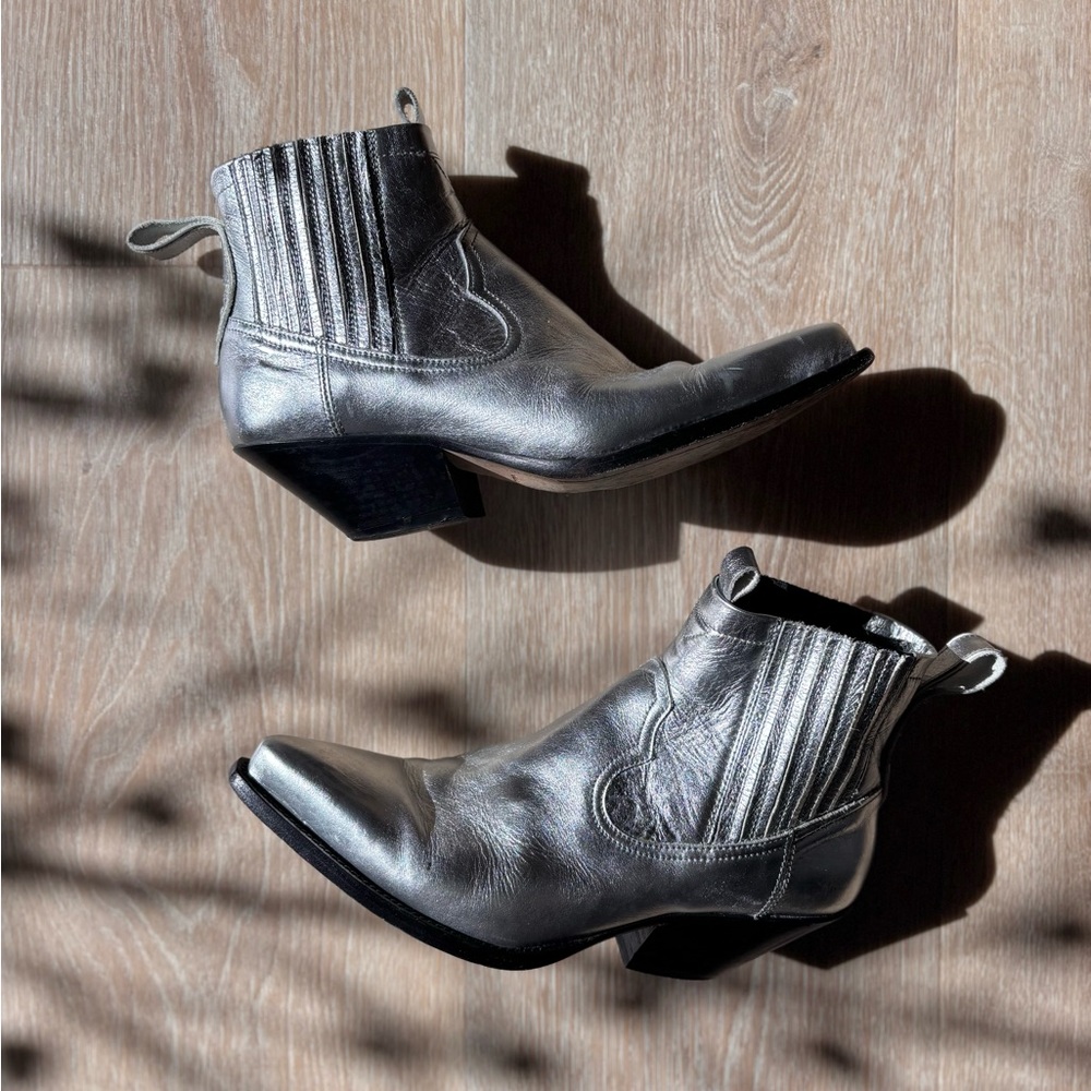 Italian Leather Silver Western Ankle Boots